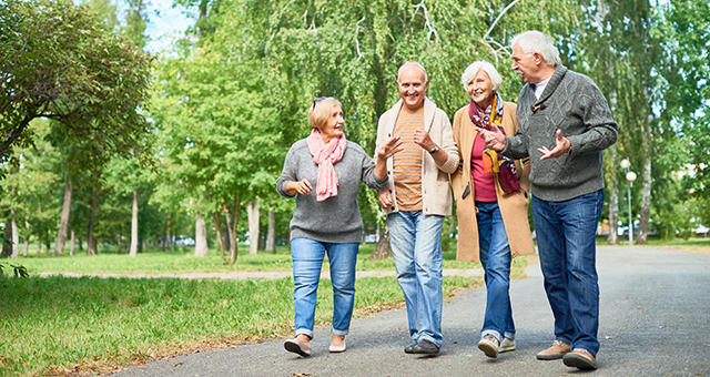 Adults on a walk in a park.